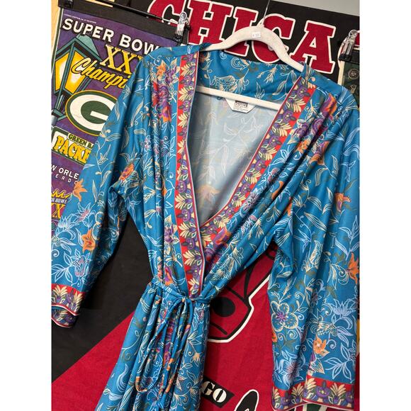 VINTAGE 70s Montgomery Ward Wrap Dress Womens Blue Floral Tie Waist Boho Medium - Picture 7 of 8